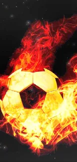 Fiery soccer ball engulfed in dynamic flames on a dark background.