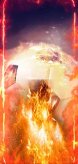 A soccer ball engulfed in vivid flames against a dynamic background.