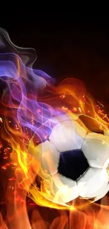 Fiery soccer ball with flames on mobile wallpaper.