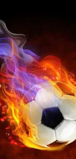 Fiery soccer ball with vibrant flames on black background.