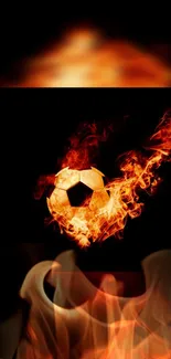 Fiery soccer ball with flames on a black background, perfect for sports fans.