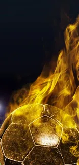 Soccer ball engulfed in golden flames against a stadium backdrop.