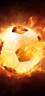 Fiery soccer ball with flames on dark background wallpaper.