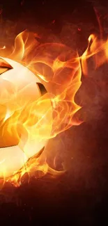 Soccer ball surrounded by fiery flames in dynamic wallpaper design.