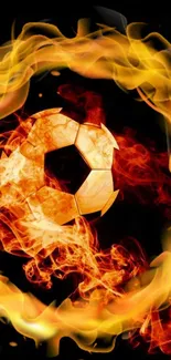 Fiery soccer ball surrounded by orange flames on a black background.