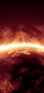 Fiery sun surface with glowing orange flames in space.