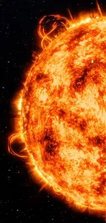 Fiery solar surface with vivid flares against space backdrop.