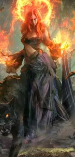 Fantasy art of a fiery sorceress with a black panther in ancient ruins.