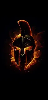 Fiery Spartan helmet with glowing flames on a dark background.