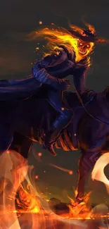 Fiery specter riding a horse with orange flames.