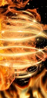 Fiery spiral with glowing sparks on a dark background for iPhone wallpapers.