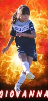 Young soccer player kicks against fiery background.