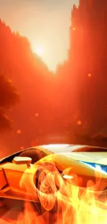 Fiery sports car wallpaper with orange sunset.