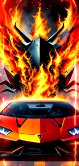 Fiery red sports car with intense flames art wallpaper.
