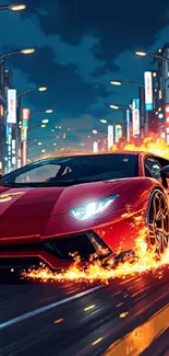 Fiery red sports car speeding through a vibrant cyber cityscape at night.