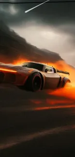 Fiery sports car racing down a road with intense orange flames.