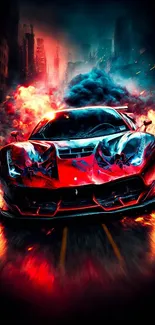 Fiery sports car with flames in an urban setting, perfect for mobile wallpaper.