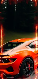 Fiery orange sports car with flames on a dynamic background.