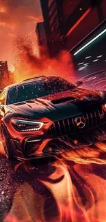 Fiery sports car with dynamic flames in city.