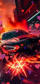 Fiery sports car racing through a cityscape with flames and vibrant colors.