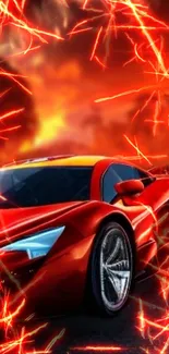 Fiery red sports car with intense flames in dramatic wallpaper.