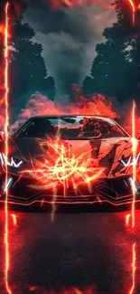 Fiery sports car with flame effects on road.