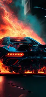 Fiery sports car speeds through a city street at night, engulfed in flames.