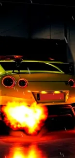 Vibrant sports car with flames at night.