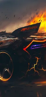 A high-speed car enveloped in vibrant flames on a dramatic backdrop.