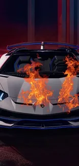 A sleek sports car with vivid flames on the hood, set in a vibrant scene.