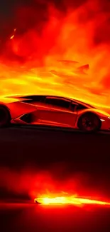 Sleek sports car with fiery flames backdrop.