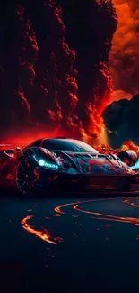 Fiery sports car with glowing lights on a vibrant background.