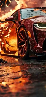 A dynamic sports car driving through flames with a fiery backdrop.