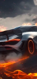 Sleek sports car engulfed in fiery flames.