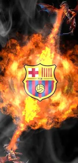 Fiery dragon and sports logo on a vivid flame wallpaper.