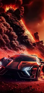 Sportscar racing through fiery volcanic landscape with dramatic effects.