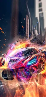 Fiery sports car racing through city streets on fire.