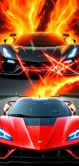 Vibrant wallpaper of a fiery sports car with flames on a dark background.