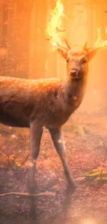 A deer with fiery antlers stands in a mystical forest.