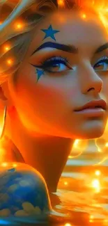 Artistic portrayal with fiery hair and blue star tattoos glowing vibrantly.