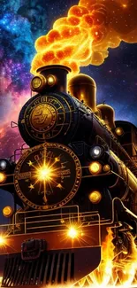 Fiery steam train travels through a cosmic starry background.