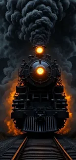 Dynamic steam train with fiery smoke on a railway track.