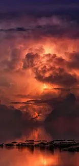 Fiery storm clouds reflect on tranquil water.