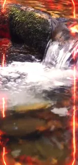 Fiery wallpaper of a vibrant flowing stream with a waterfall.