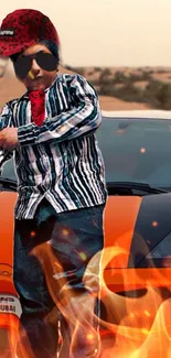 Individual with sunglasses beside a fiery supercar in the desert.