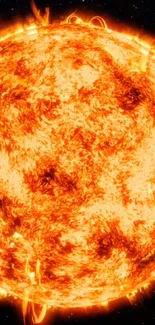 Fiery sun with solar flares in deep space wallpaper.