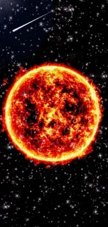 Digital artwork of the fiery sun against a star-studded black space background.