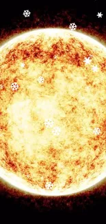 Fiery sun with floating snowflakes on a cosmic background.