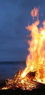 Vibrant fire burning by the beach at twilight.