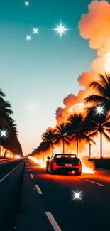 Fiery road with car and palm trees at sunset.